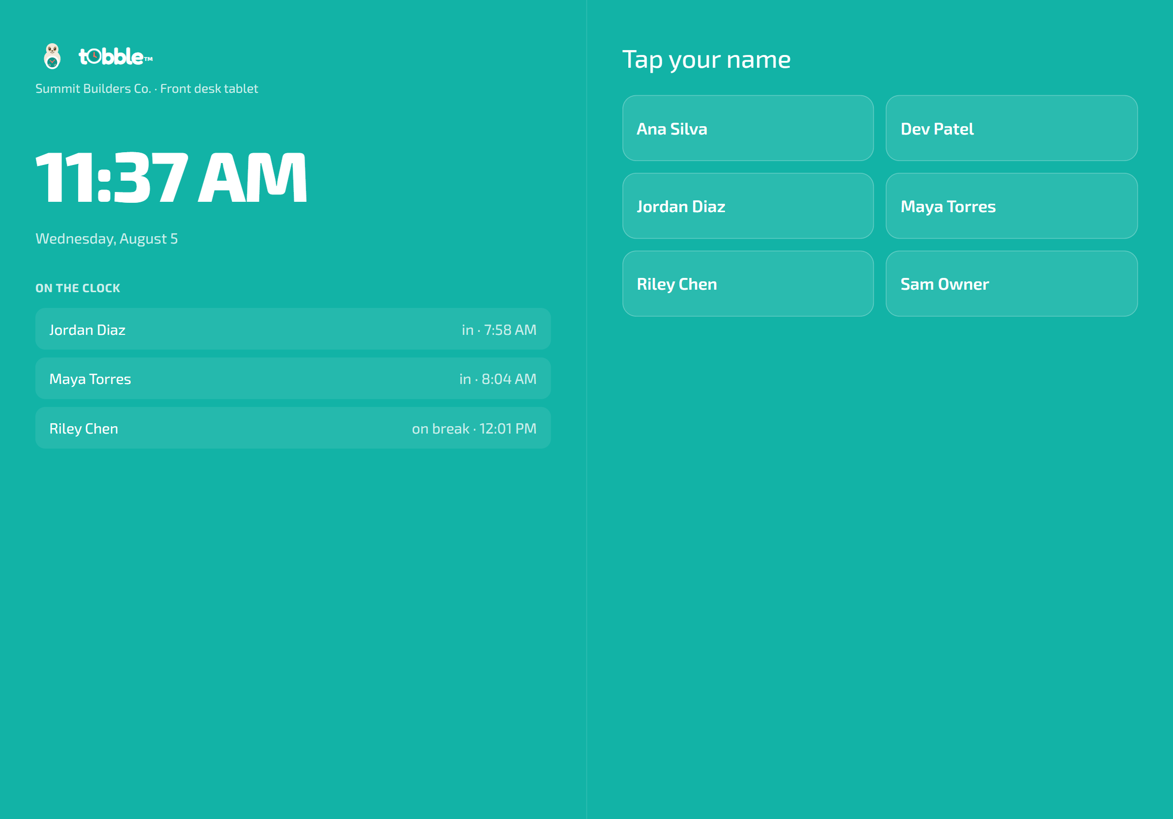 The Tobble kiosk on a tablet: a big clock, a live on-the-clock board, and the tap-your-name roster