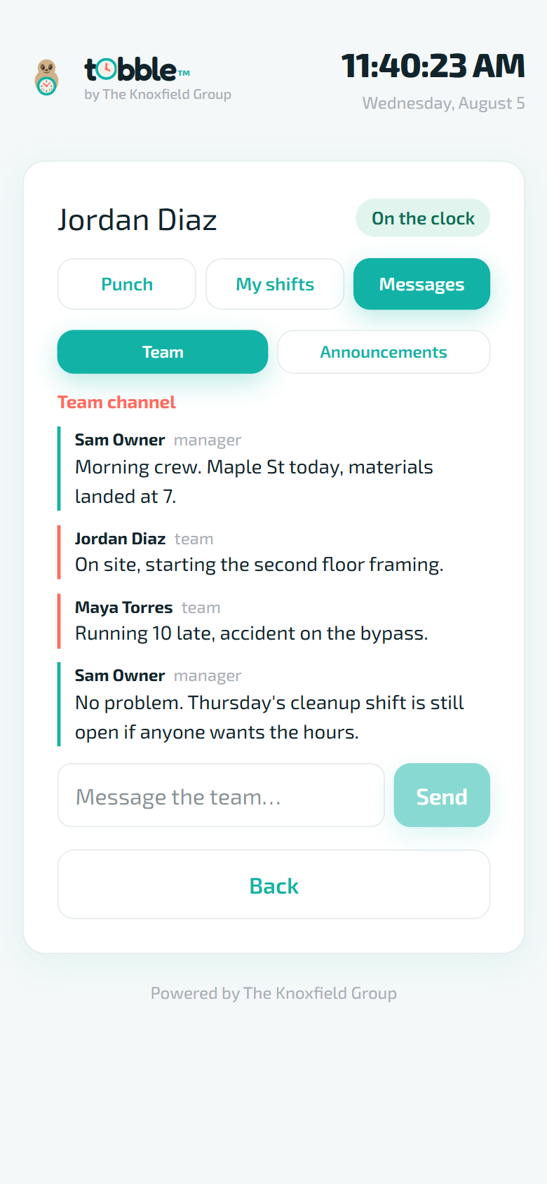 The Tobble team messages screen: a manager and crew coordinating the day