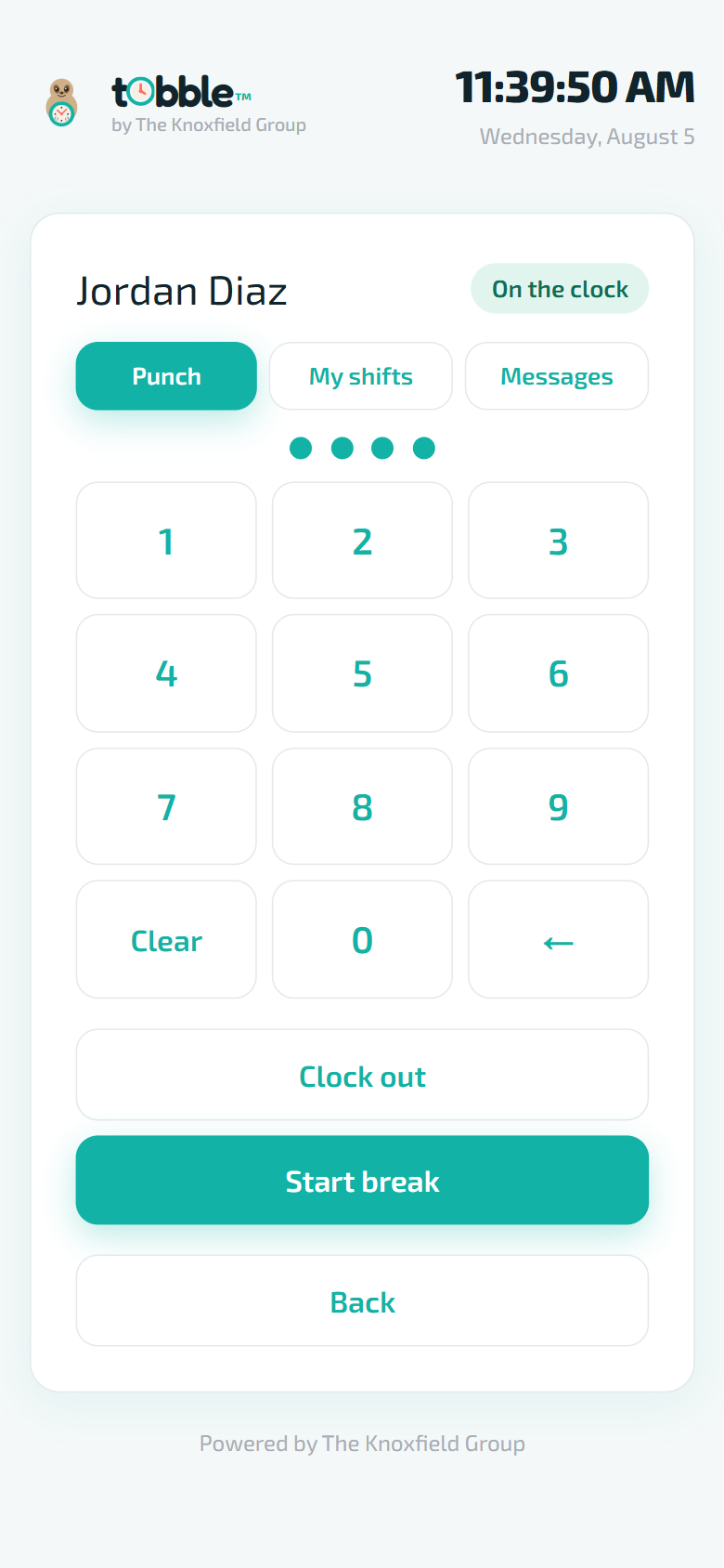 The real Tobble punch screen: an employee on the clock with a PIN pad and one-tap clock out