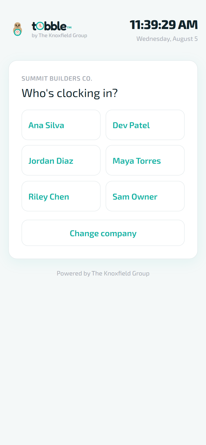The Tobble clock-in screen: tap your name from the company roster
