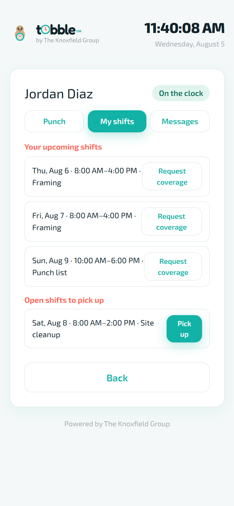 The Tobble My Shifts screen: upcoming shifts with request-coverage buttons and an open shift to pick up